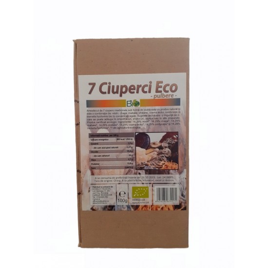 Bio 7 Ciuperci pulbere 100g ,,reishi, chaga, maitake, shiitake, coama leului, cordyceps si tremelia fuciformis''