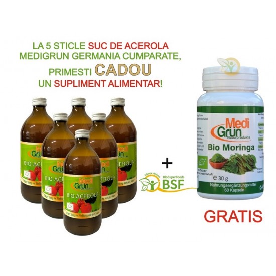 PROMO: la 5 sticle de Suc de Acerola 500ml primesti GRATUIT Bio Moringa 60 cps MediGrun Germania