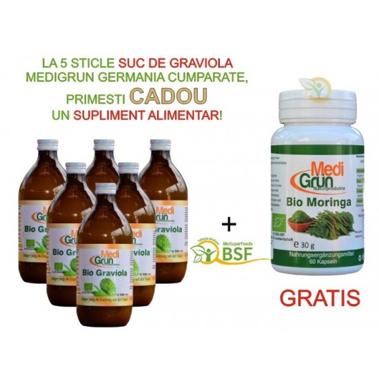 PROMO: la 5 sticle de Suc de Graviola 500ml primesti GRATUIT Bio Moringa 60 cps MediGrun Germania