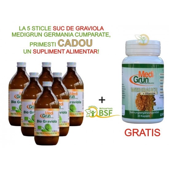 PROMO: la 5 sticle de Suc de Graviola 500ml primesti GRATUIT Tamaie Extract 400mg + vitamine 30 capsule MediGrun Germania