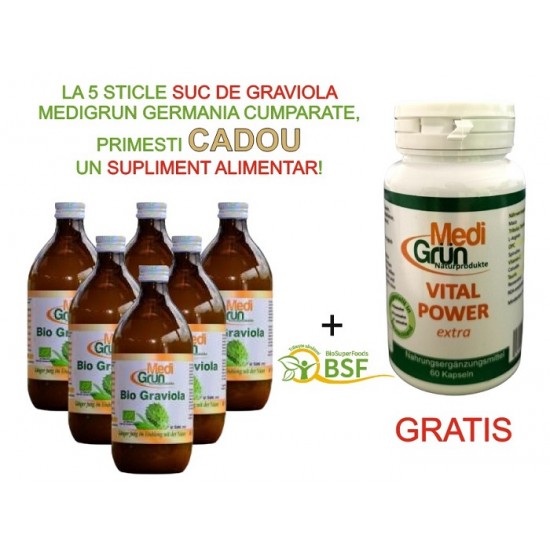 PROMO: la 5 sticle de Suc de Graviola 500ml primesti GRATUIT Vital Power extra 60 capsule MediGrun Germania PROMO: la 5 sticle de Suc de Graviola 500ml primesti GRATUIT Vital Power extra 60 capsule MediGrun Germania