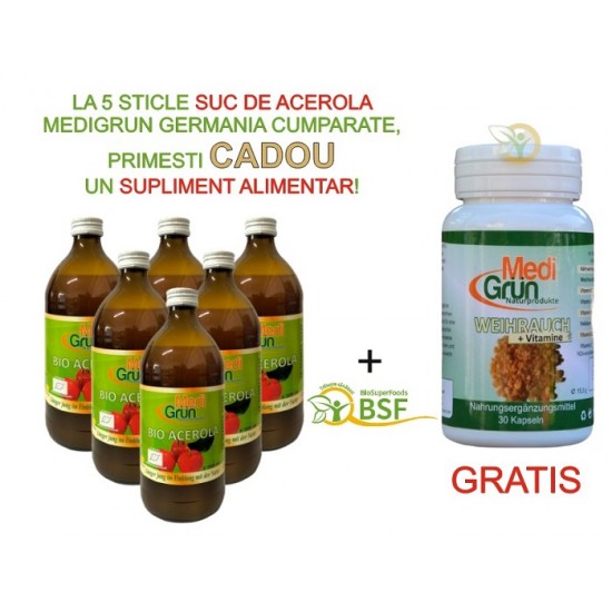 PROMO: la 5 sticle de Suc de Acerola 500ml primesti GRATUIT Tamaie Extract 400mg + vitamine 30 capsule MediGrun Germania