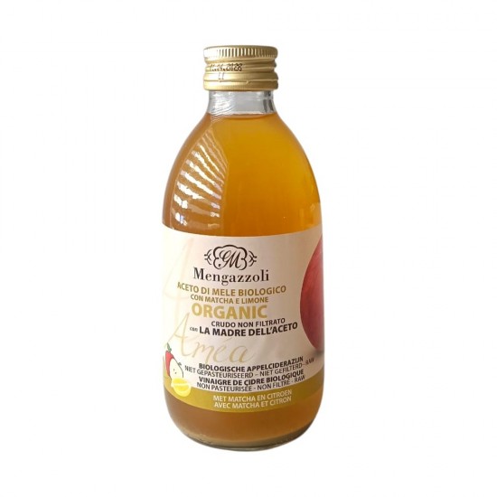 Bio otet din cidru de mere crud, nefiltrat aromatizat cu matcha si lamaie 250 ml Bio otet din cidru de mere crud, nefiltrat aromatizat cu matcha si lamaie 250 ml