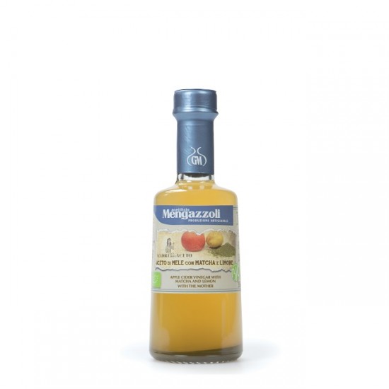 Bio otet din cidru de mere crud, nefiltrat aromatizat cu matcha si lamaie 250 ml Bio otet din cidru de mere crud, nefiltrat aromatizat cu matcha si lamaie 250 ml