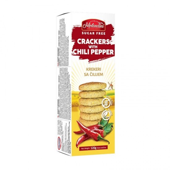 Crackers cu chilli FARA GLUTEN, FARA ZAHAR adaugat, 120g Molendini Crackers cu chilli FARA GLUTEN, FARA ZAHAR adaugat, 120g Molendini