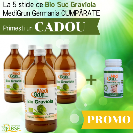 PROMO: la 5 sticle de Bio Suc de Graviola 500ml primesti GRATUIT un Acid hialuronic complex 60 capsule MediGruen